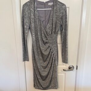 Calvin Klein Shiny Silver/Gray Long Sleeve Dress